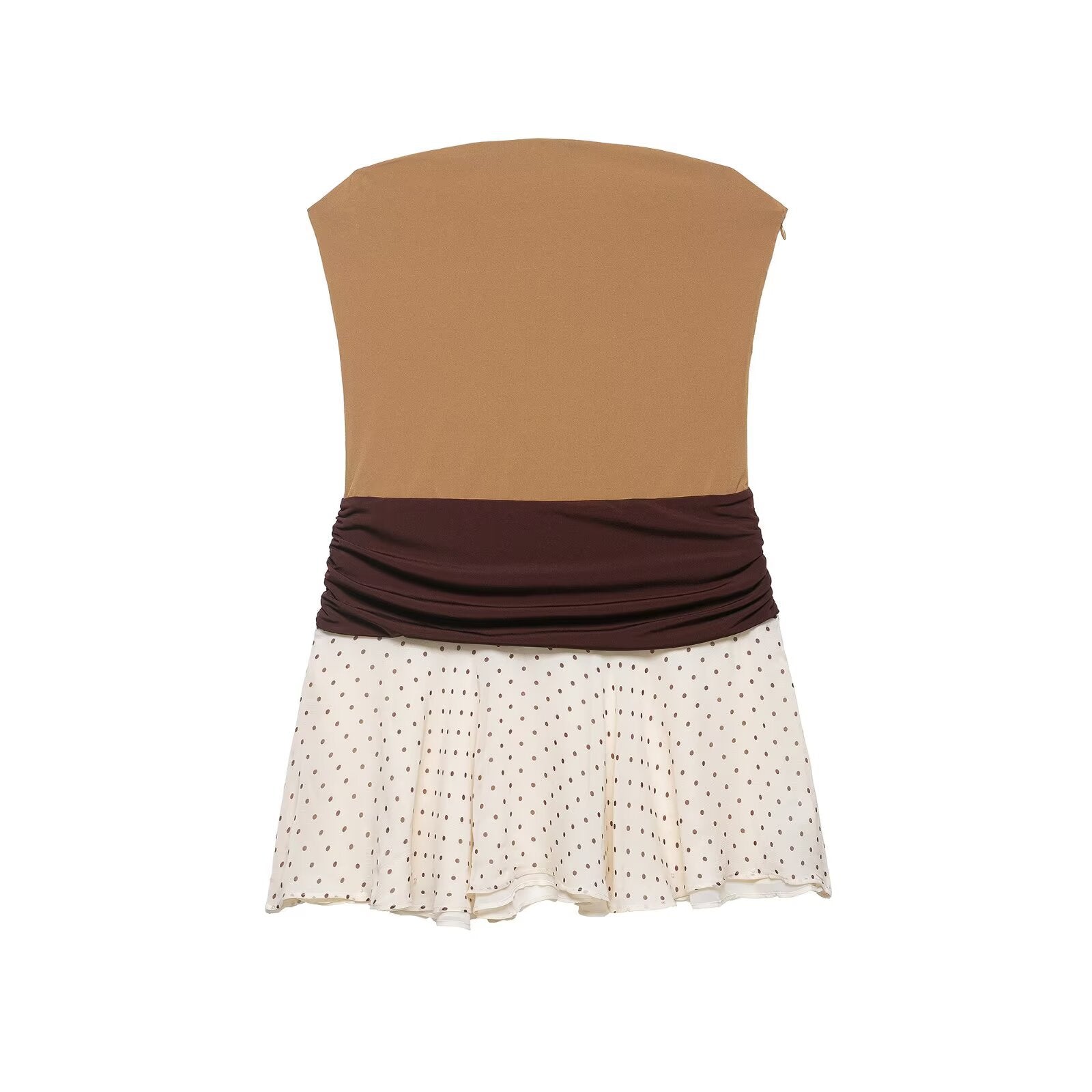 Front flat view khaki brown colorblock strapless tube top waist gathered ruched contrast polka dot chiffon flared hem slim mini dress, elegant retro vacation party dress