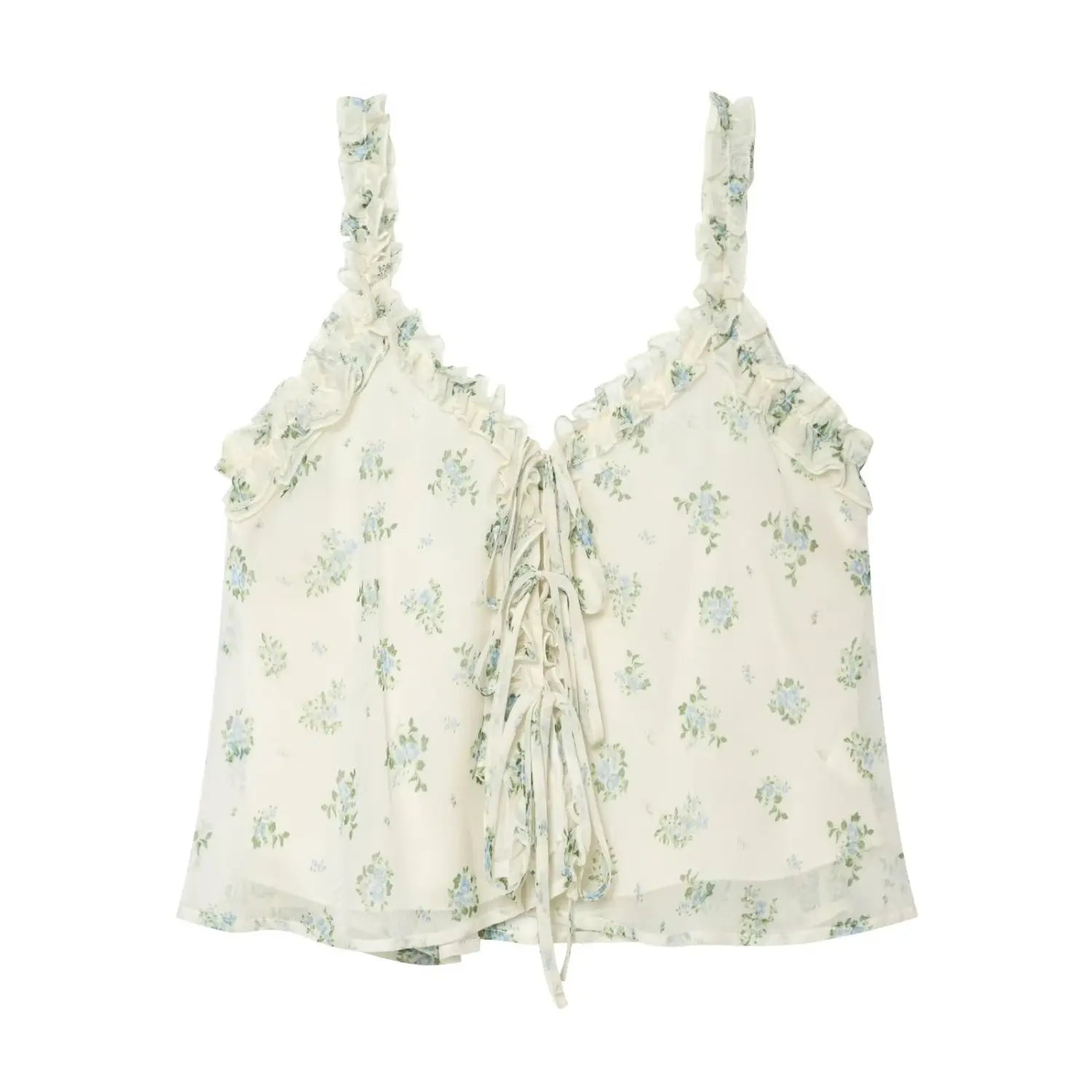 Studio white background full front shot of cream blue small floral ruffle strap cami top, v-neck front lace-up drawstring, loose flowy A-line hem