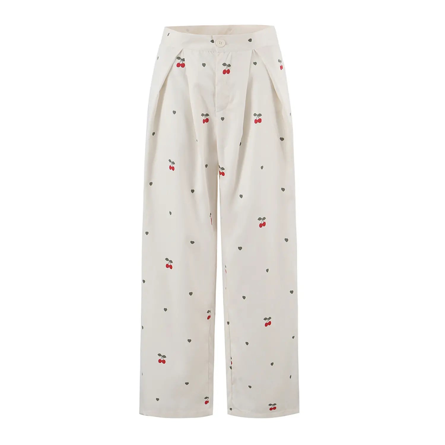 Flat front product shot of cream high waist pleated wide leg trousers, all over cherry & tiny heart print, front button fly design