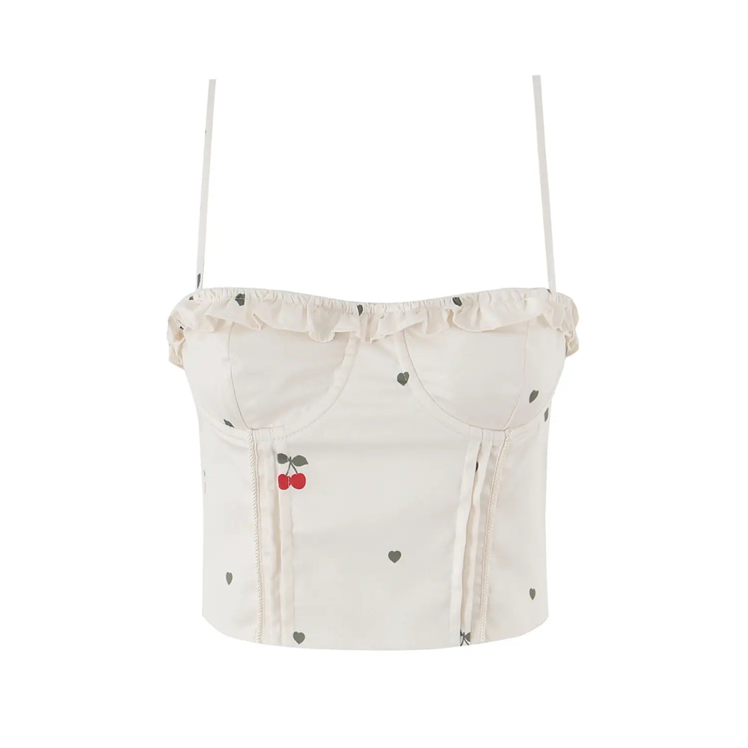 Flat front product shot of cream cami corset top with ruffle neckline, cherry and tiny heart all over print, structured bust stitching