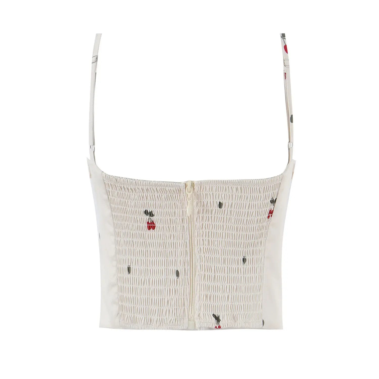 Full back flat view of cream cherry print cami top, featuring elastic smocked panel and center back invisible zipper
