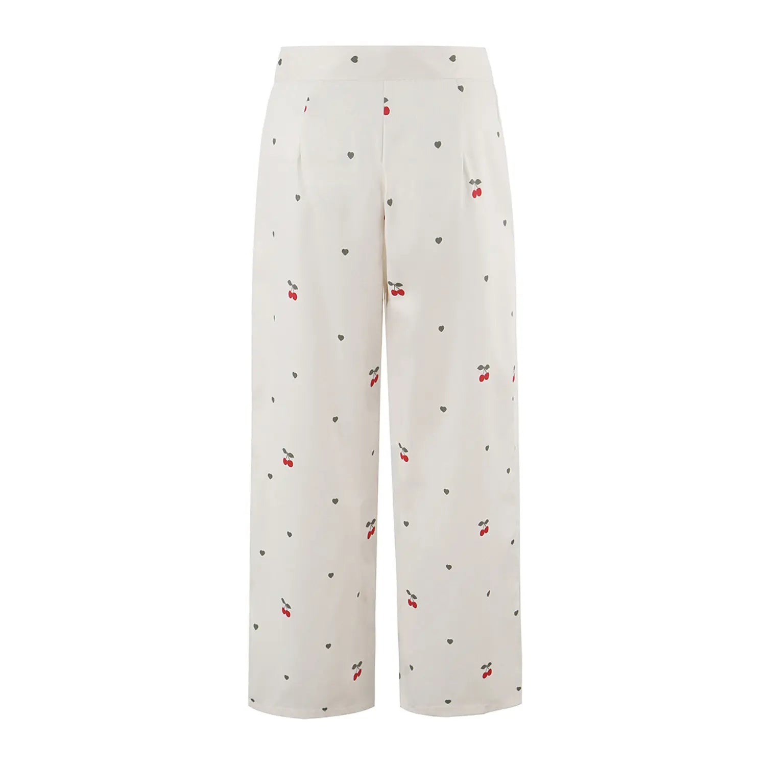 Full back flat lay view of cream cherry print high waist wide leg pants, loose straight wide leg silhouette