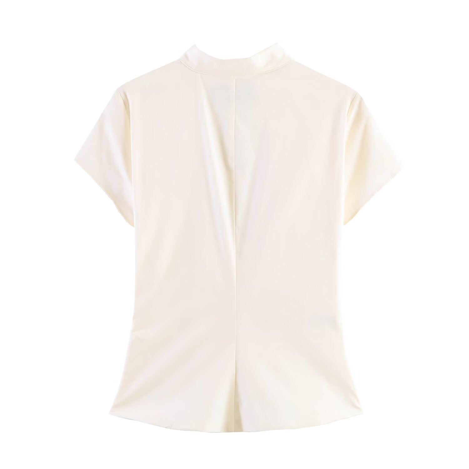 Hanger back view of cream Chinese-inspired top with a subtle center back seam and fitted hem