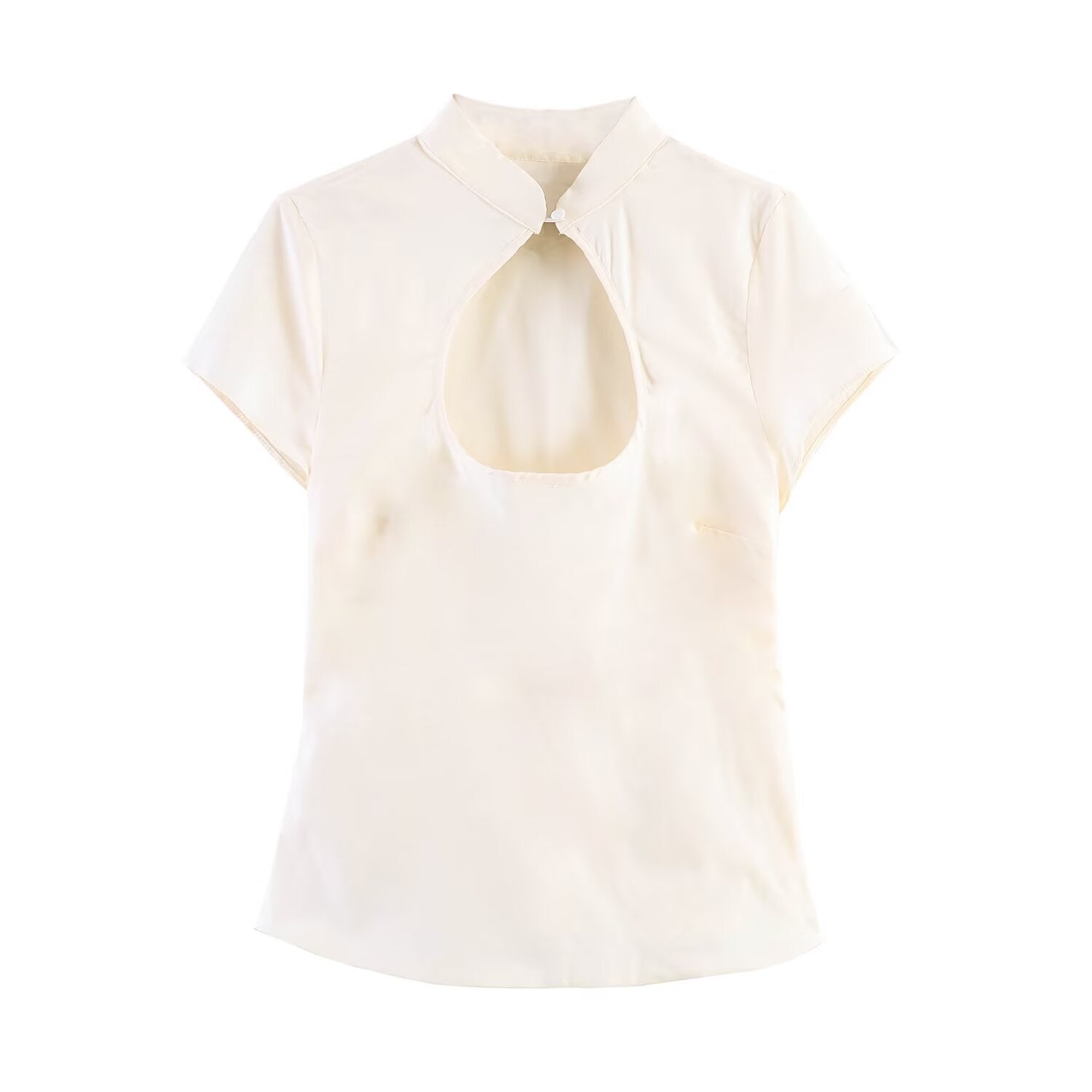Hanger view of cream Chinese-style top showing the mandarin collar, keyhole cutout, and short sleeves