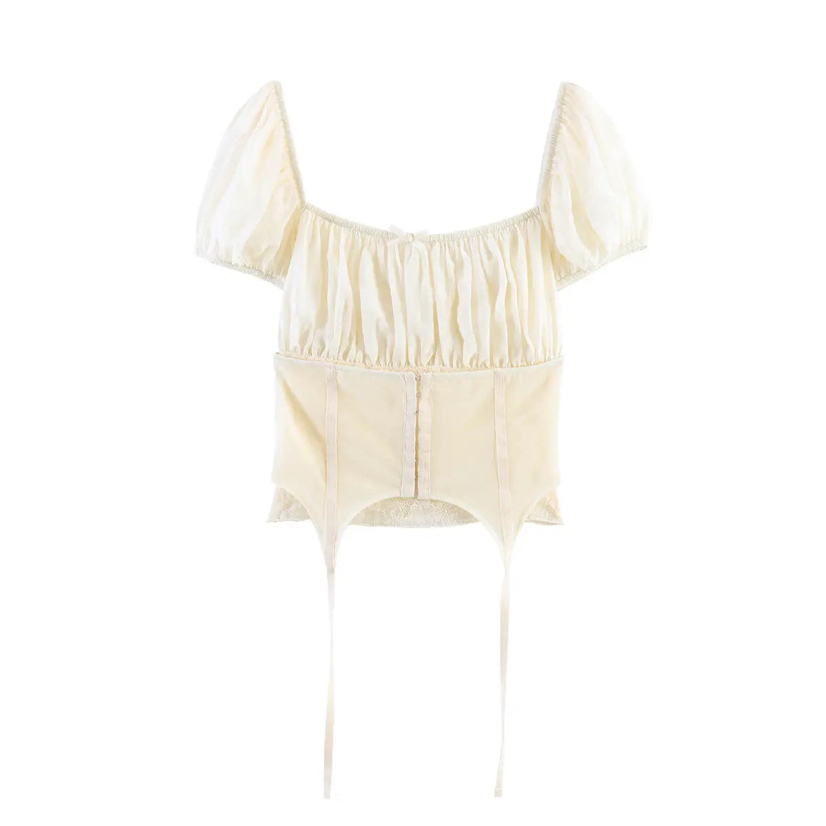 Full front view of cream corset top with bow detail