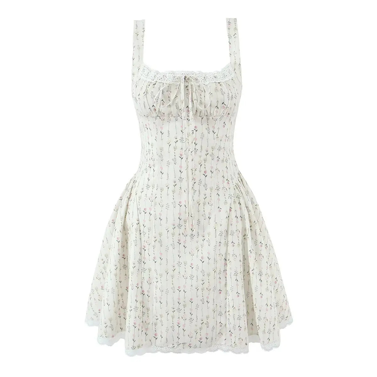Front view of cream ditsy floral cami mini dress with square neckline and lace hem