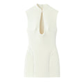 Front view of cream keyhole mini dress, structured fit
