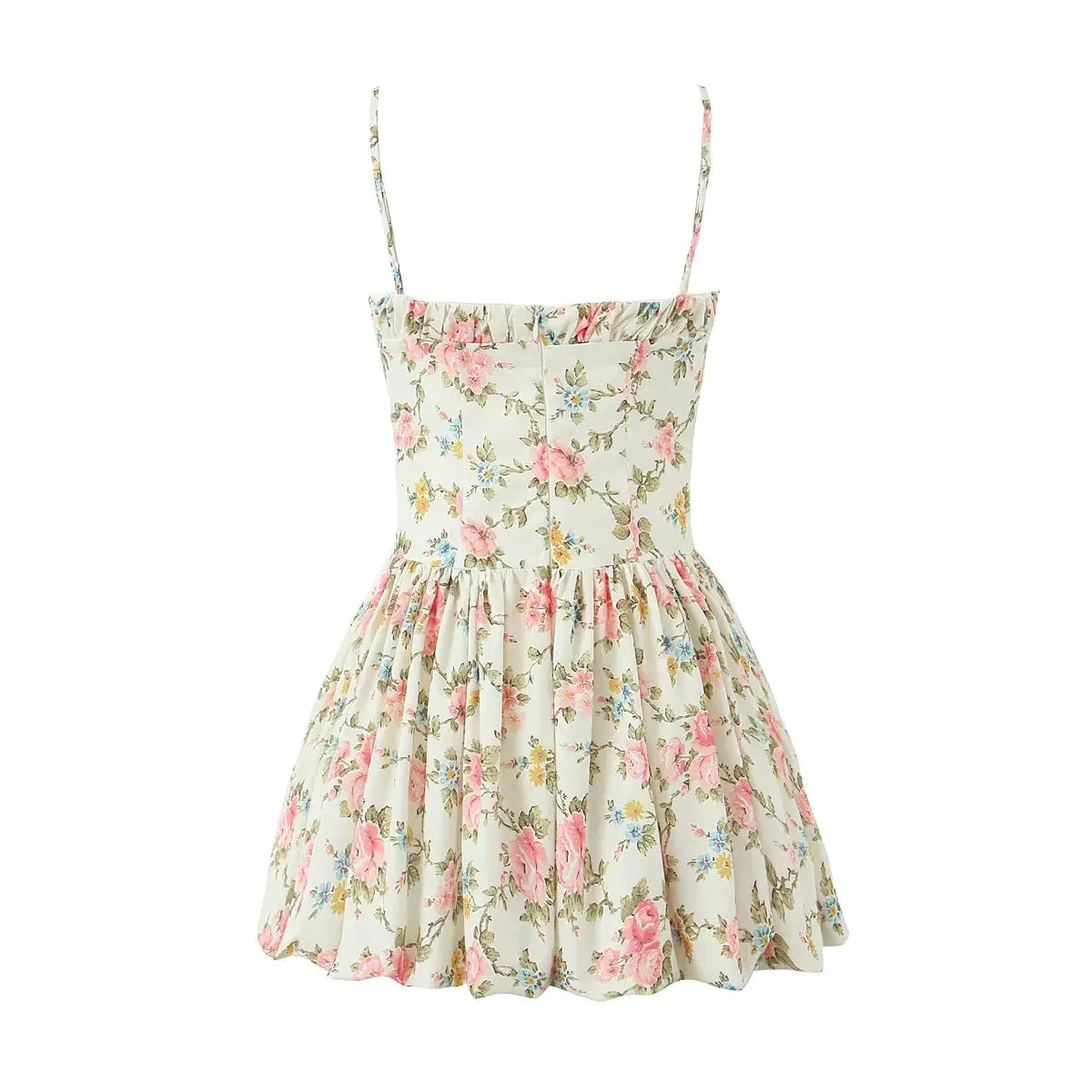Back view of cream floral cami mini dress with corset-style bodice and puffed hem