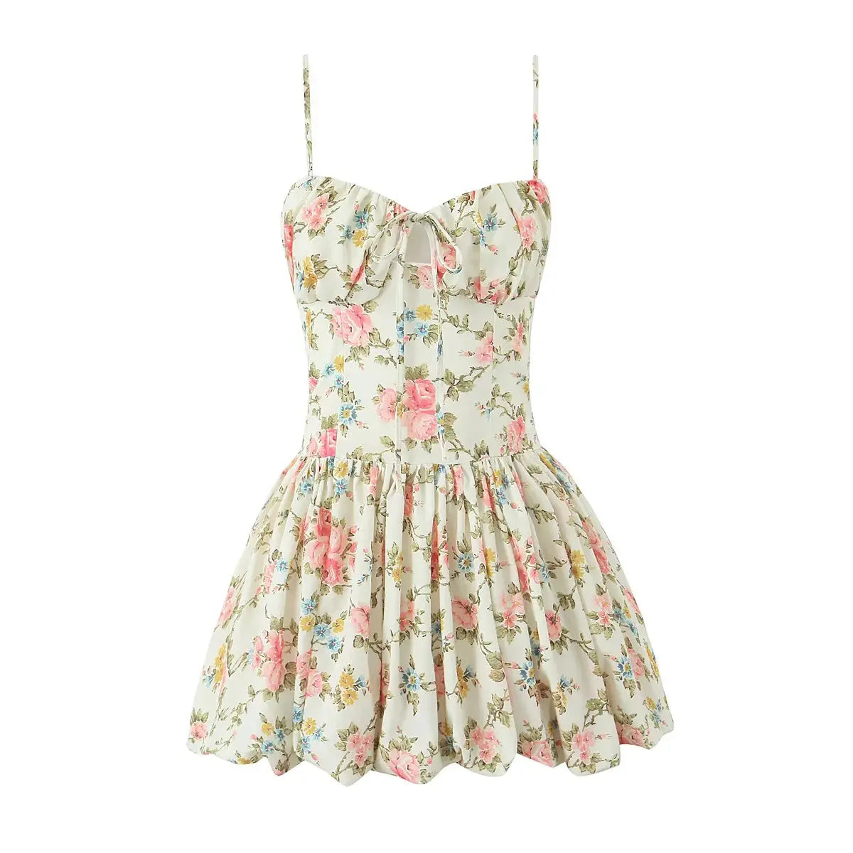 Front view of cream floral cami mini dress with corset-style bodice and puffed hem