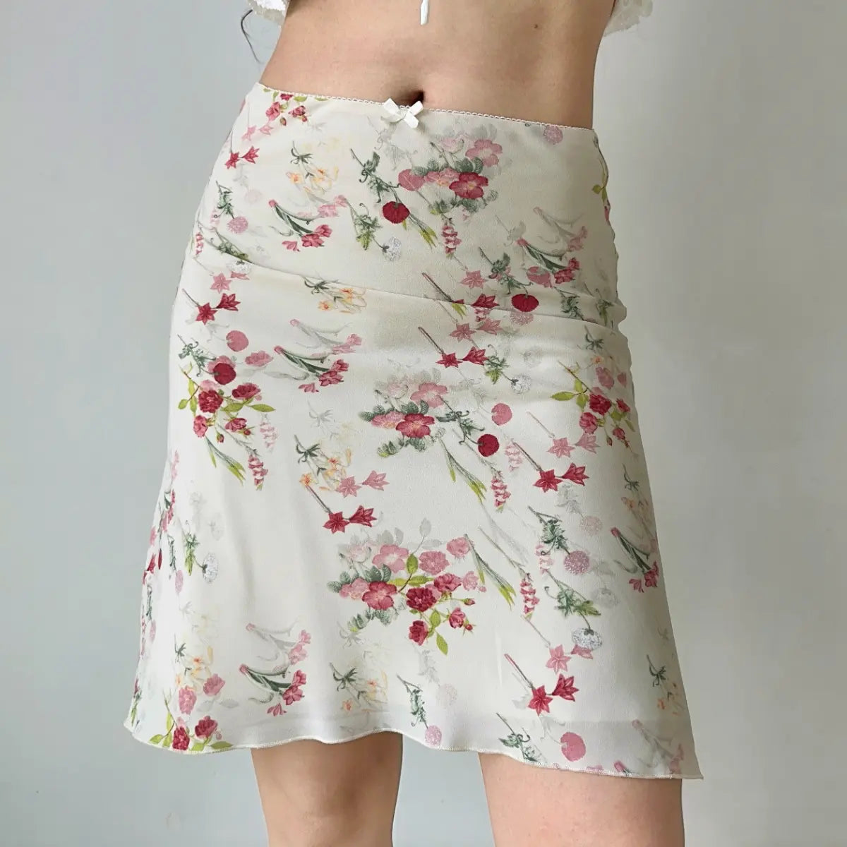 Cream midi skirt with pink floral print