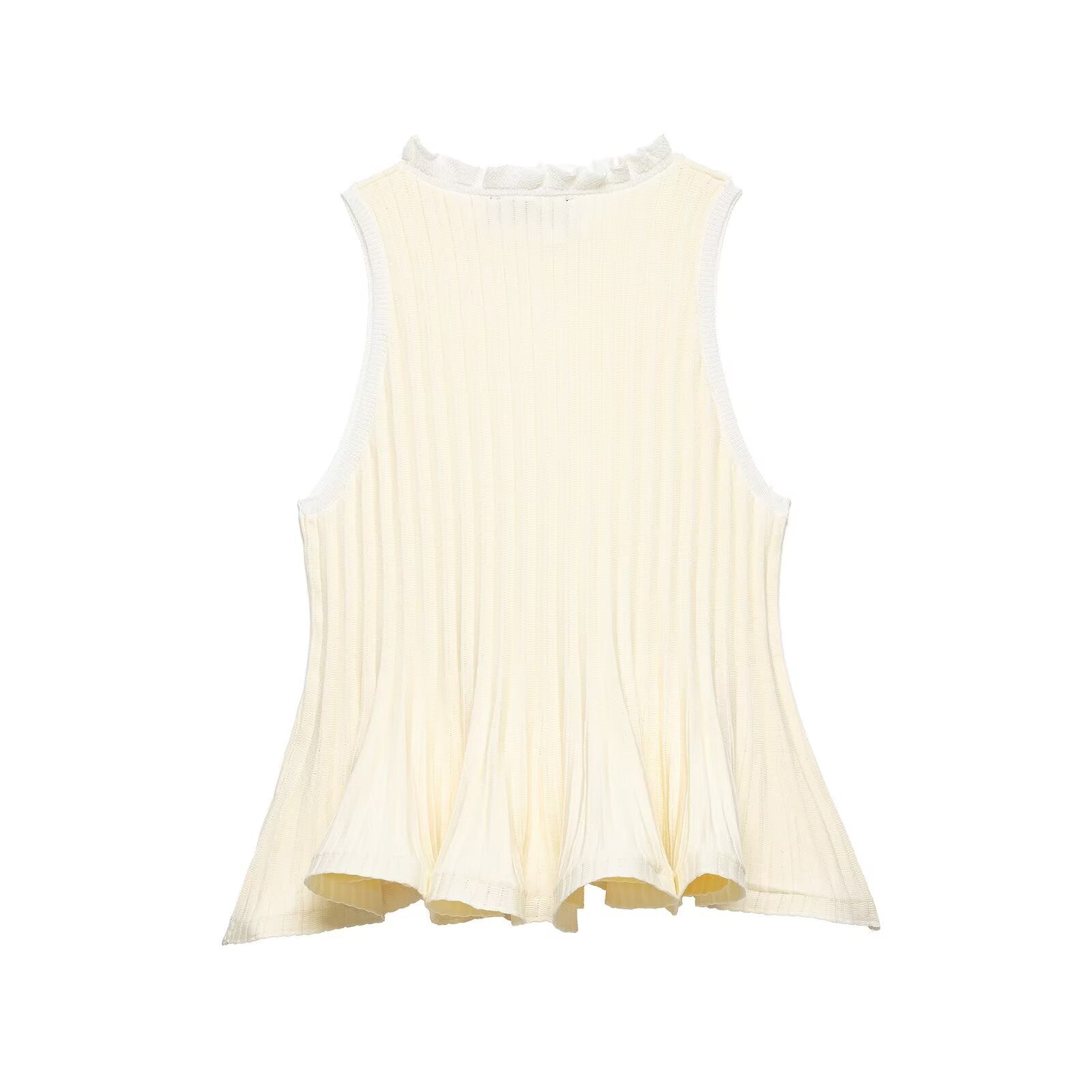 Back flat view cream solid color ruffle neck ribbed knit peplum flared hem sleeveless crop tank top, elegant casual daily vest