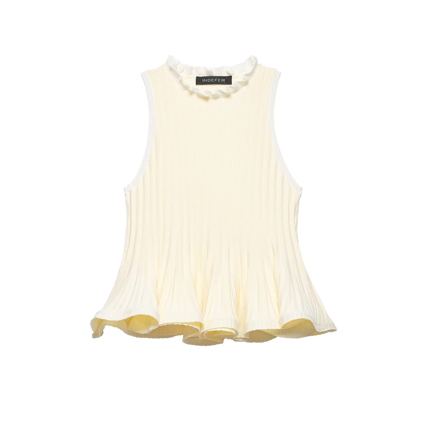 Women cream ruffle frill neck ribbed knit peplum flared hem sleeveless slim fit crop tank top, sweet elegant french casual vest blouse