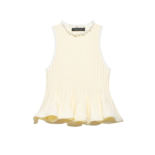 Women cream ruffle frill neck ribbed knit peplum flared hem sleeveless slim fit crop tank top, sweet elegant french casual vest blouse