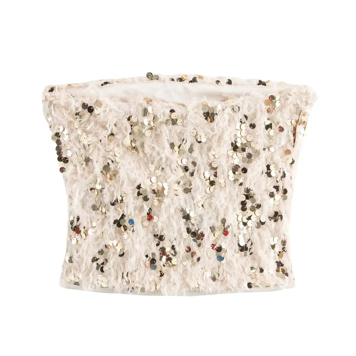 Cream feather fabric sequin embellished strapless bandeau tube top, isolated flat view