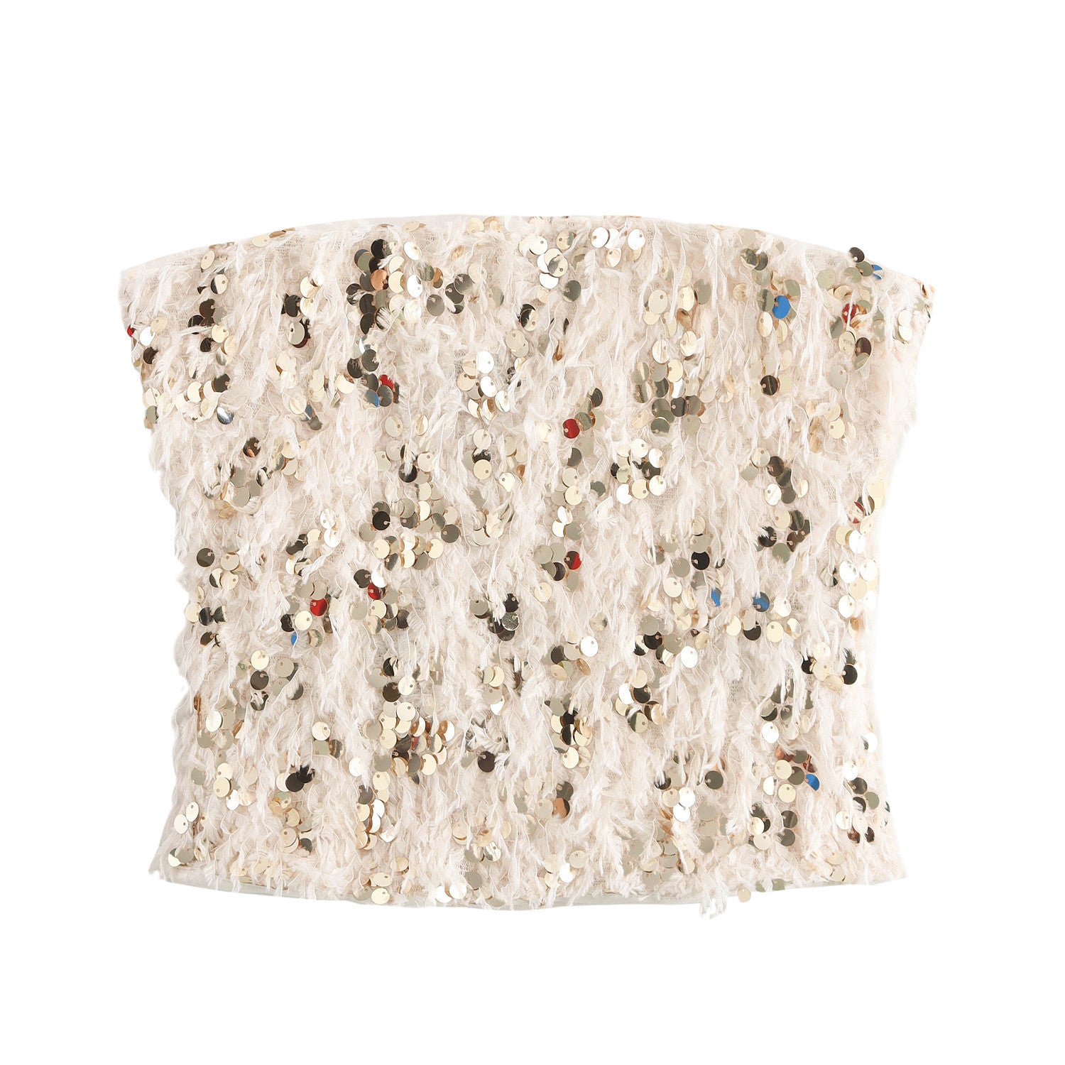 Front view of cream strapless tube top with sequin feather texture and shimmering finish