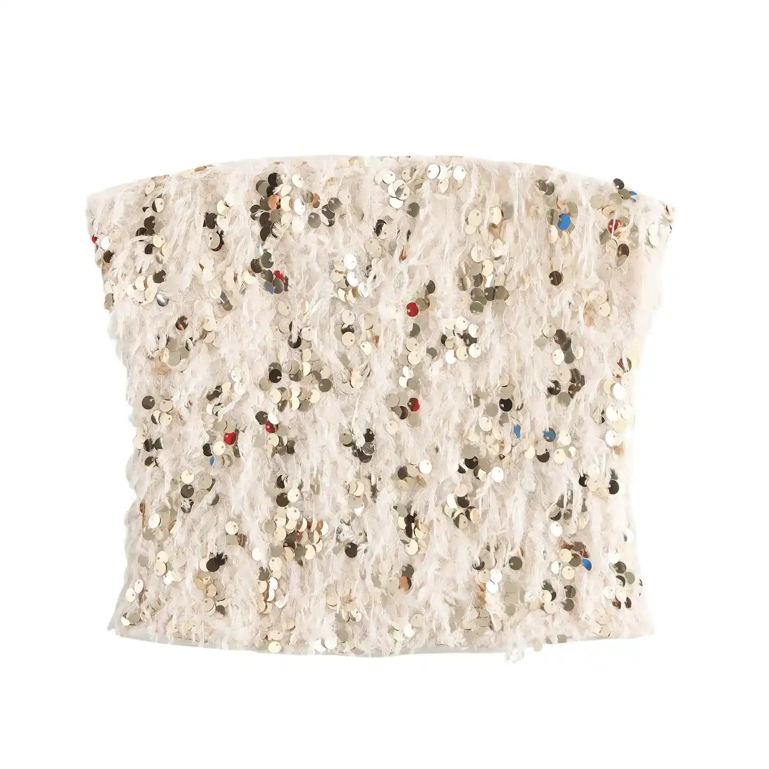 Cream feather fabric sequin embellished strapless tube top, isolated front view