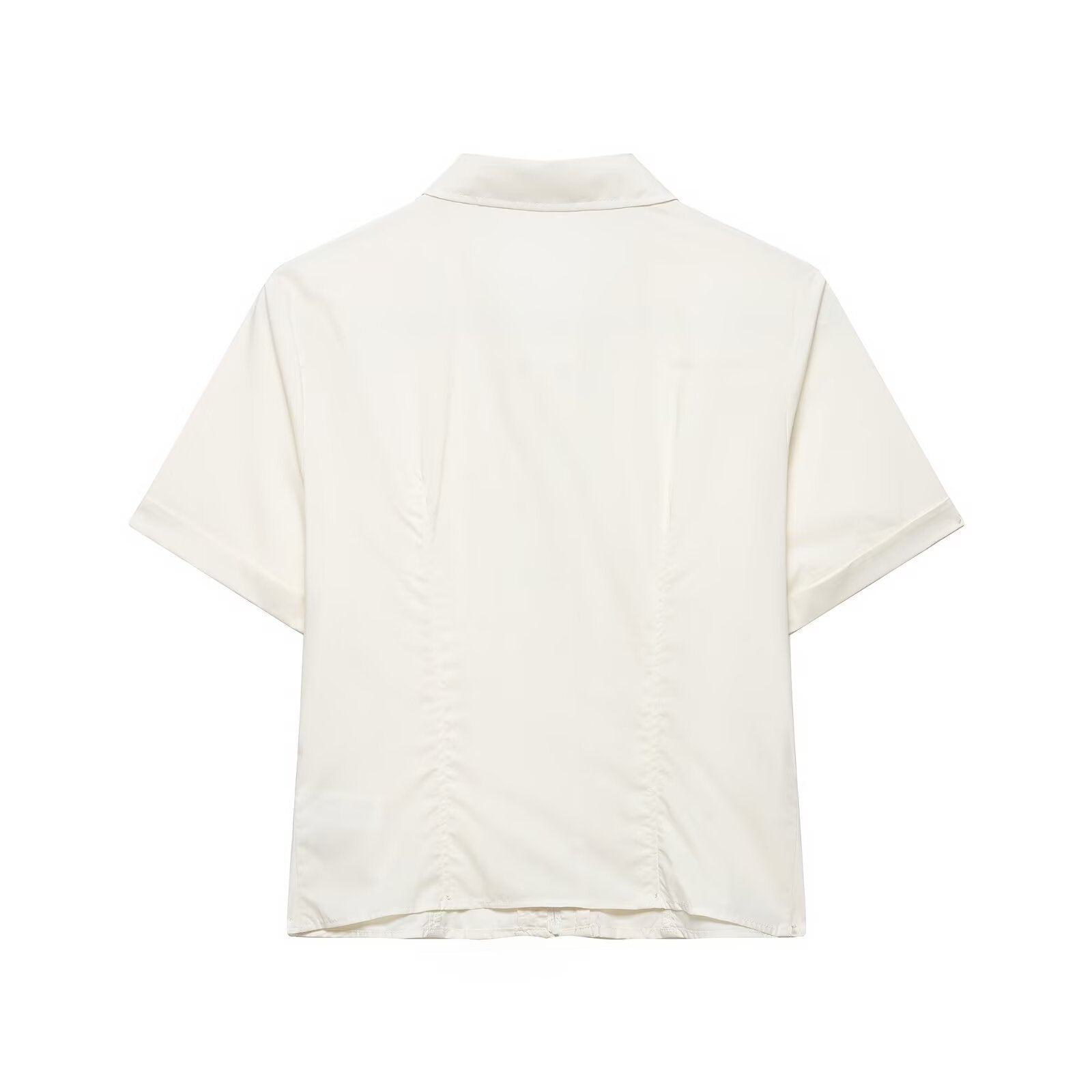 Back view of cream lace-trim cropped shirt