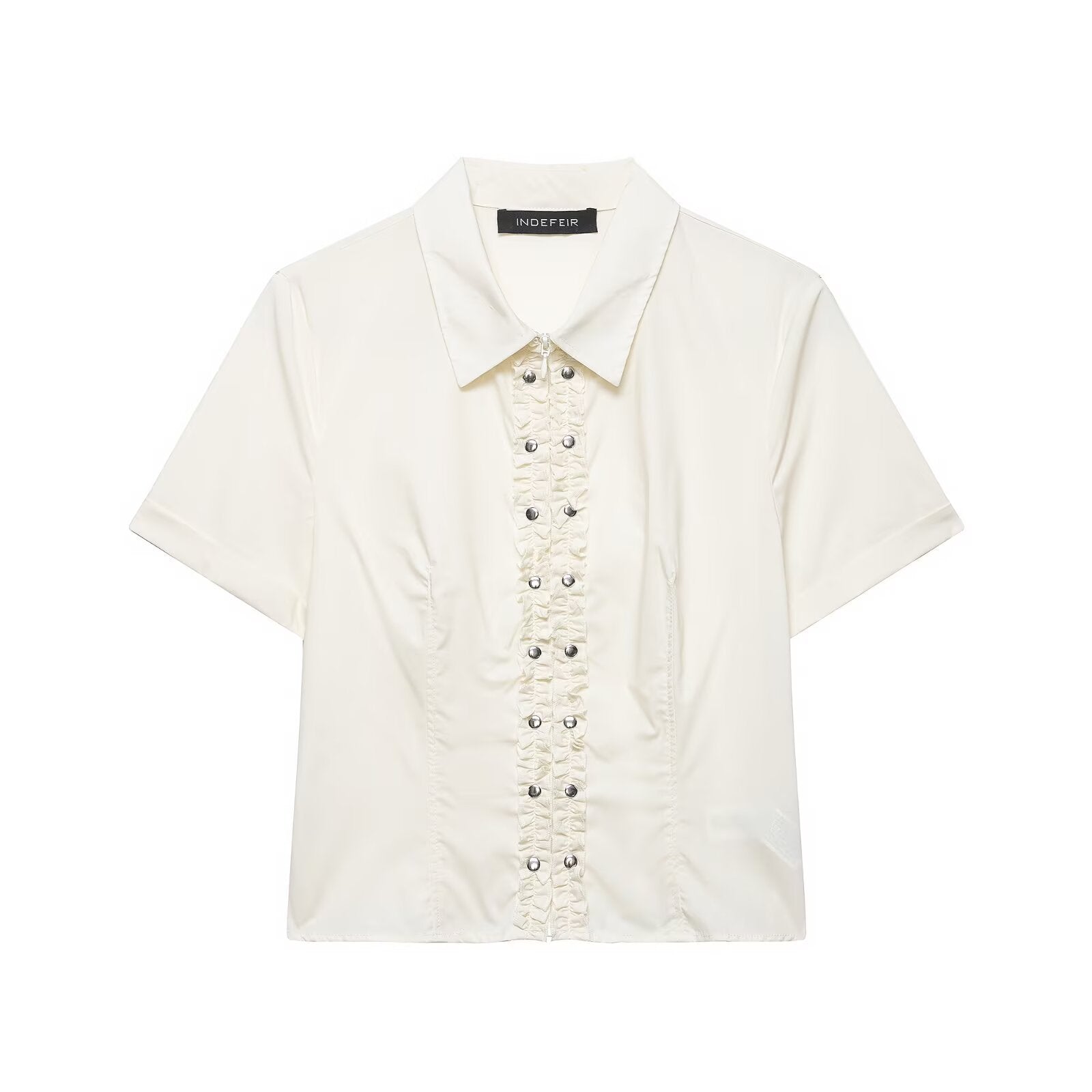 Front view of cream lace-trim cropped shirt