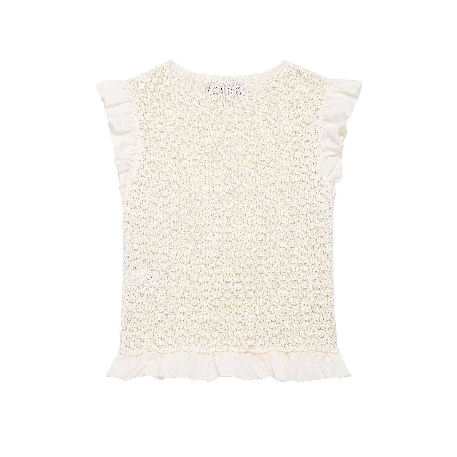 Back view of cream crochet ruffle tank