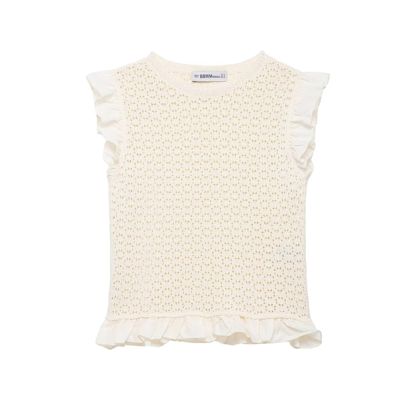 Front view of cream crochet ruffle tank