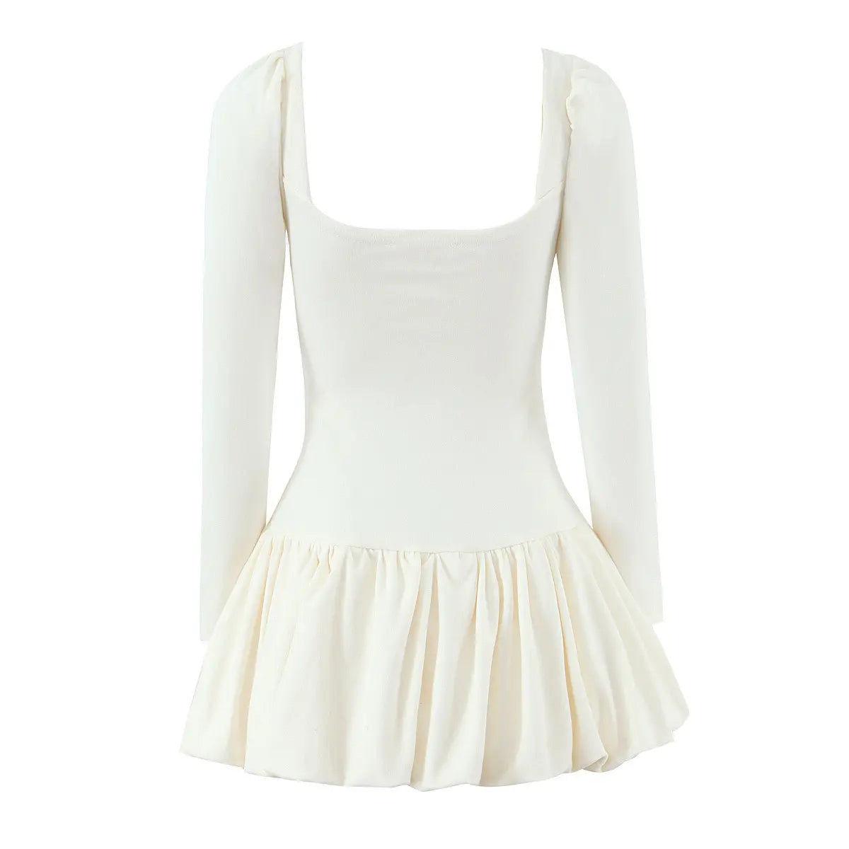 Cream-white long-sleeve dress, back view on white background showing smooth fabric