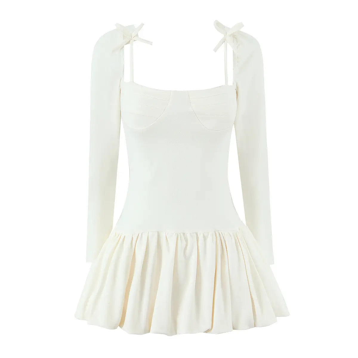 Cream-white long-sleeve dress with square neckline, full front view on plain white background