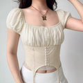 Cream white puff sleeve corset top with lace trim
