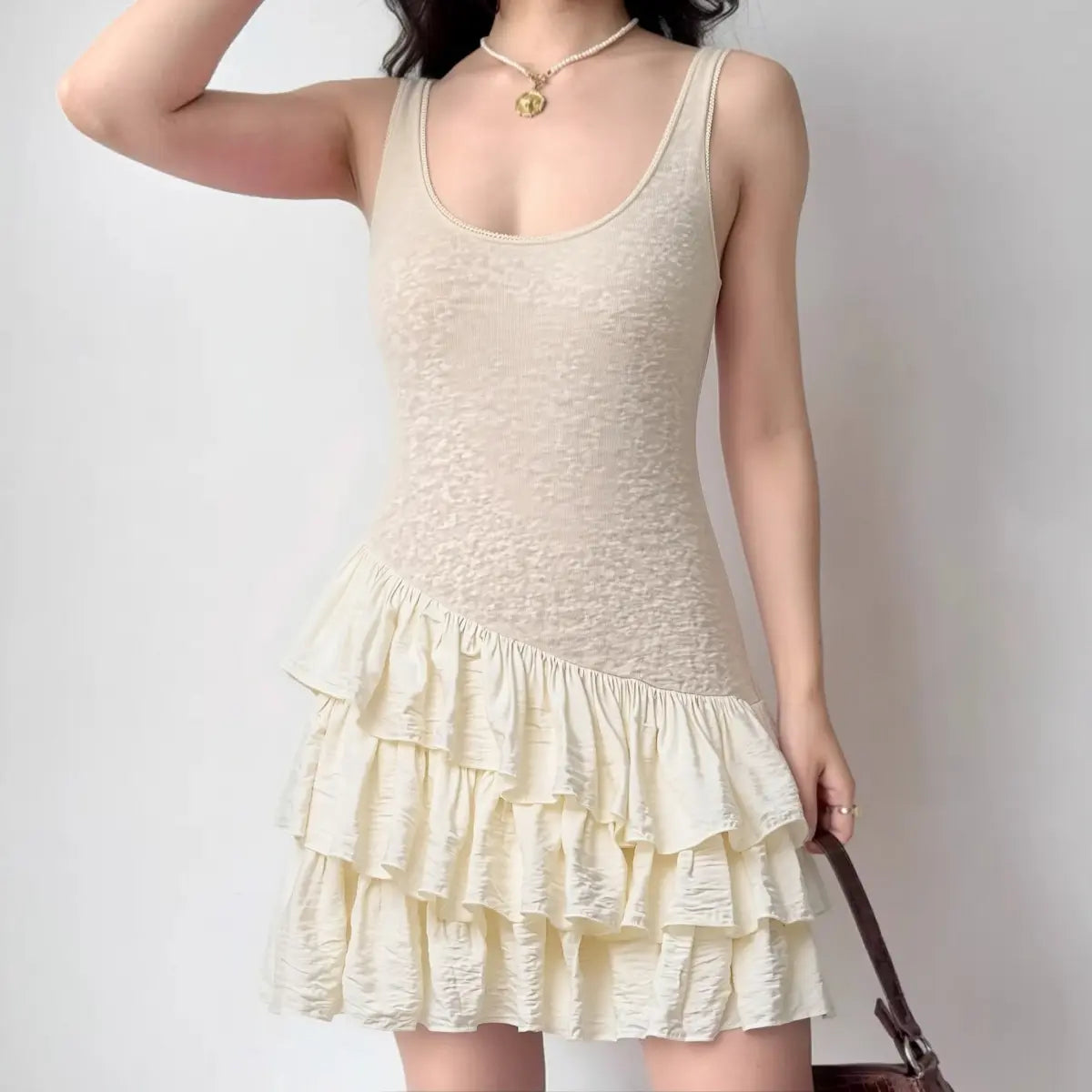 Cream white tank mini dress with tiered ruffled hem