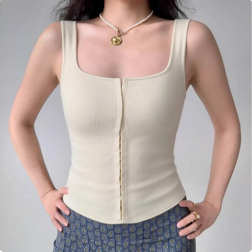 Cream white square neck knit cami top with hook-and-eye closure