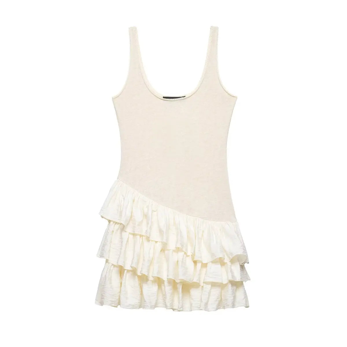 Full front view of cream ruffled hem tank dress