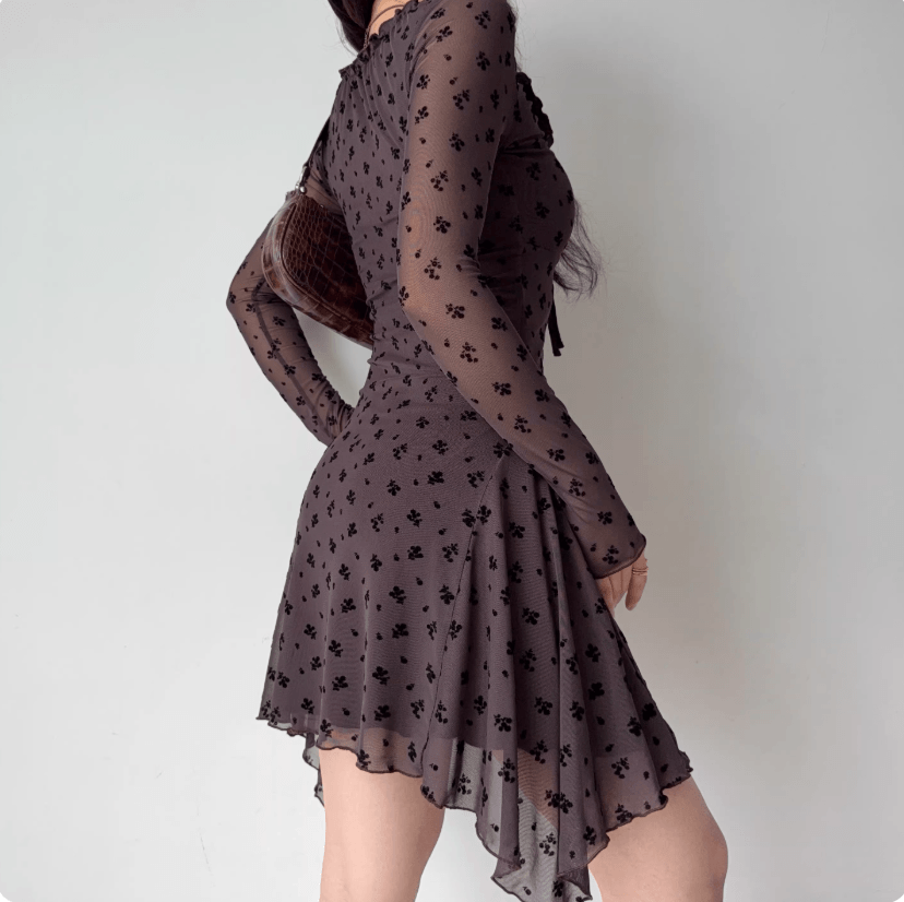 Back view model wear dark brown tiny floral print mesh long sleeve high waist asymmetric irregular ruffle hem mini dress, elegant vintage chic party dress
