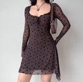 Side view model wear dark brown floral mesh long sleeve high waist irregular asymmetric ruffle hem bodycon mini dress, elegant vintage casual outfit