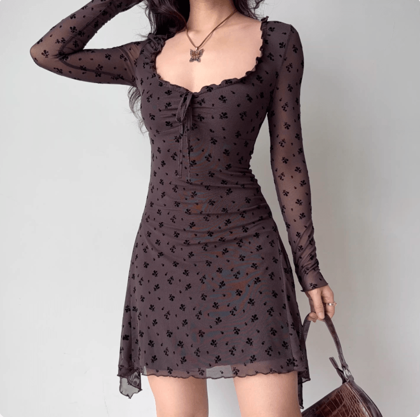 Full front model wear view dark brown small floral mesh long sleeve square ruffle neck tie front slim fit asymmetric hem mini dress, elegant vintage chic daily party dress