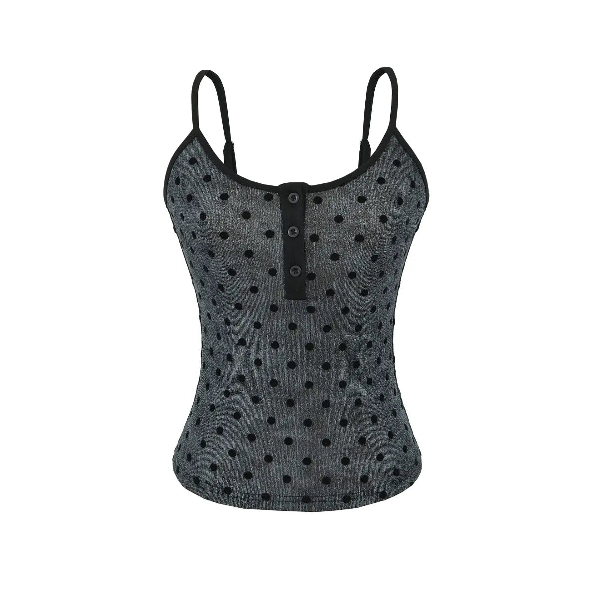 Front view of dark gray polka dot cami tank top with Henley buttons