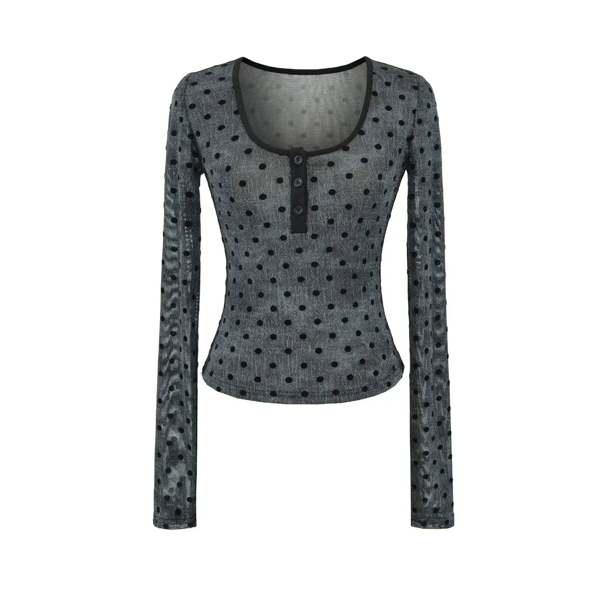 Front view of dark gray polka dot Henley long sleeve top with black trim