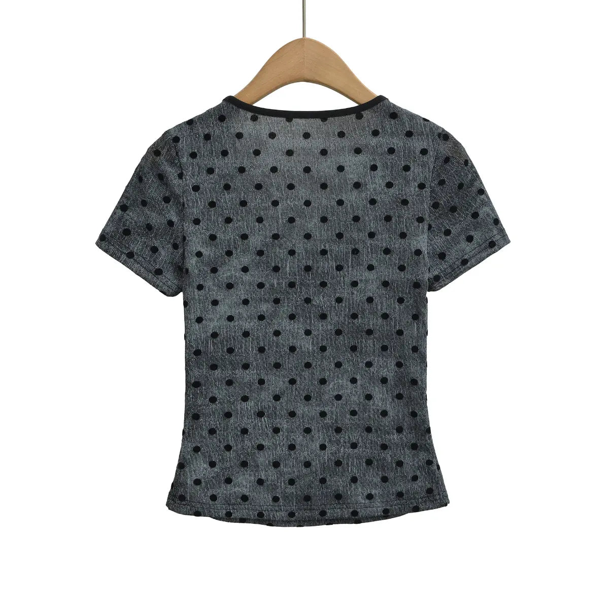 Back view of dark gray polka dot Henley short sleeve top