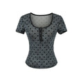 Front view of dark gray polka dot Henley short sleeve top