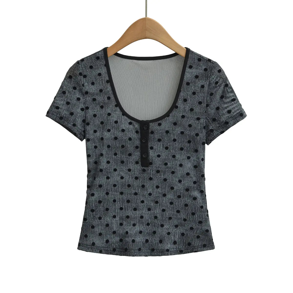 Dark gray polka dot Henley short sleeve top on wooden hanger