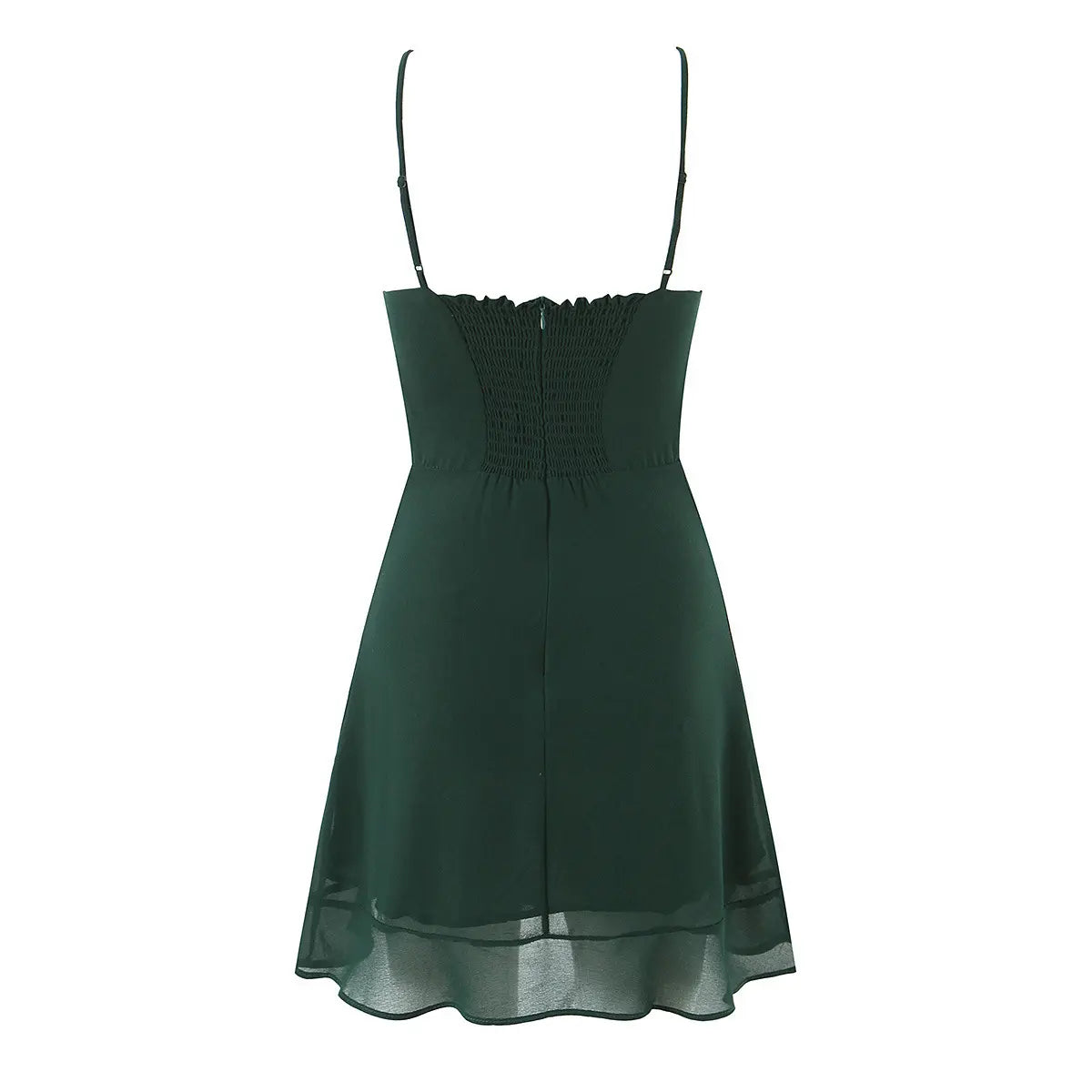 Dark green cami mini dress, full back view on white background