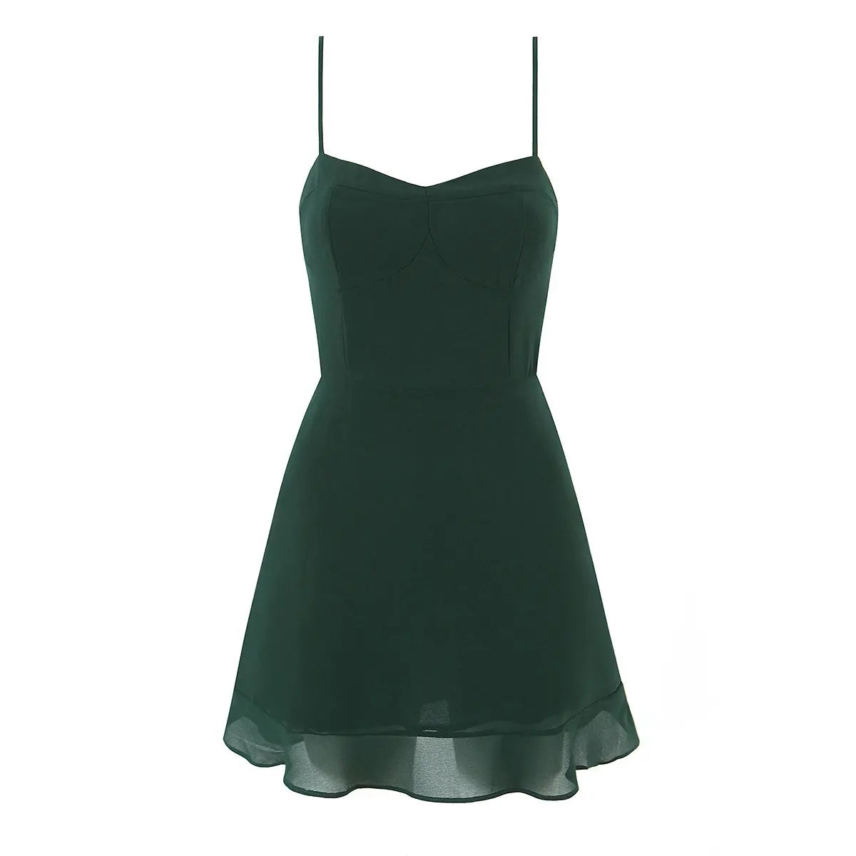 Dark green cami mini dress, full front view on white background