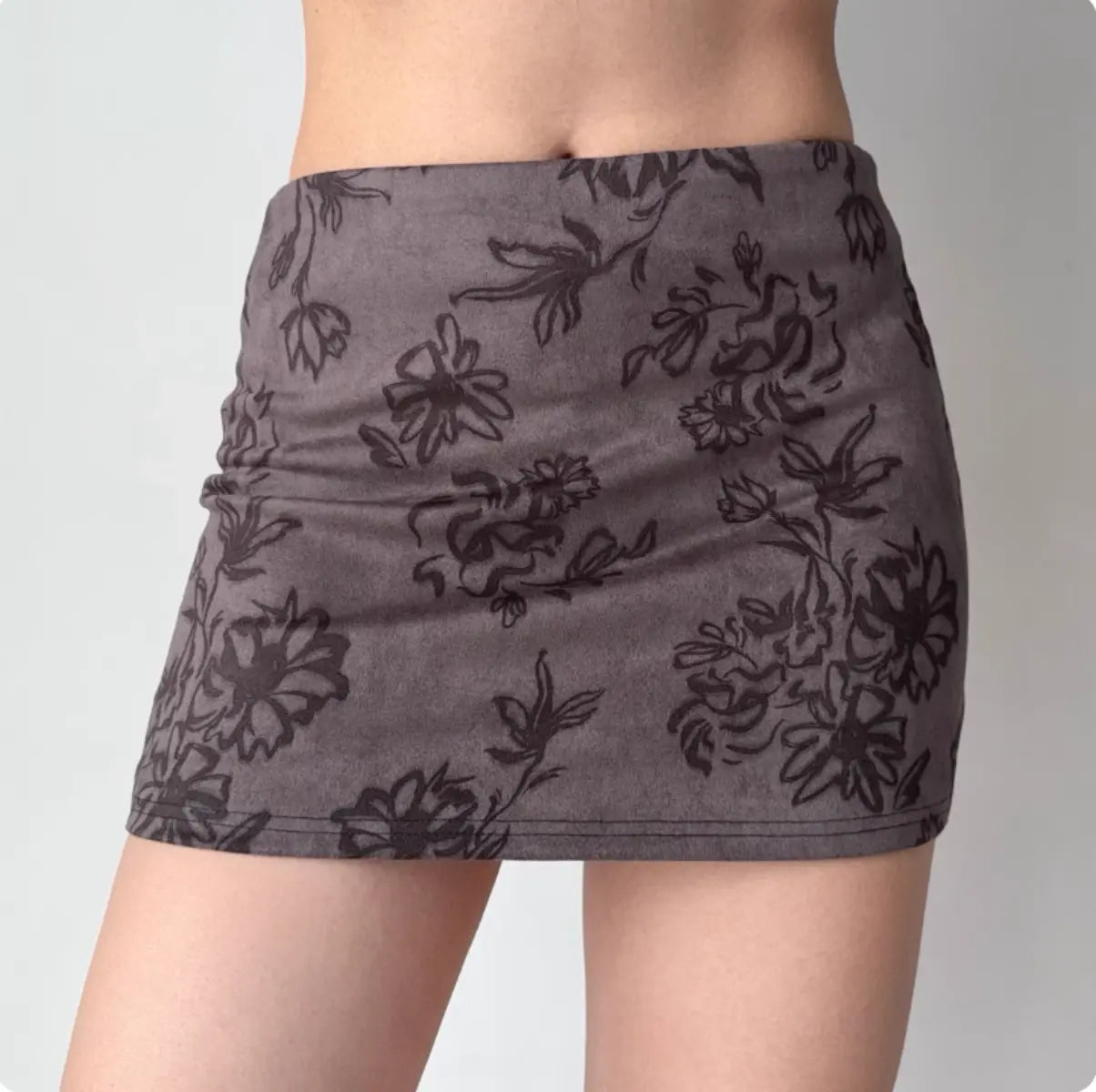 Dark grey floral suede-effect mini skirt