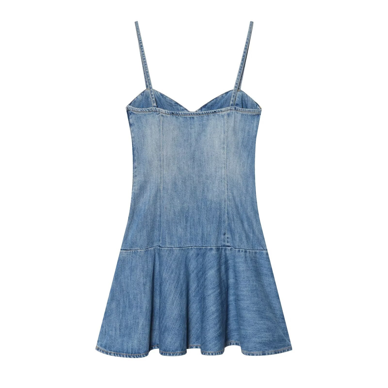 Hanger back view of light blue denim dress with fitted silhouette and ruffled hem