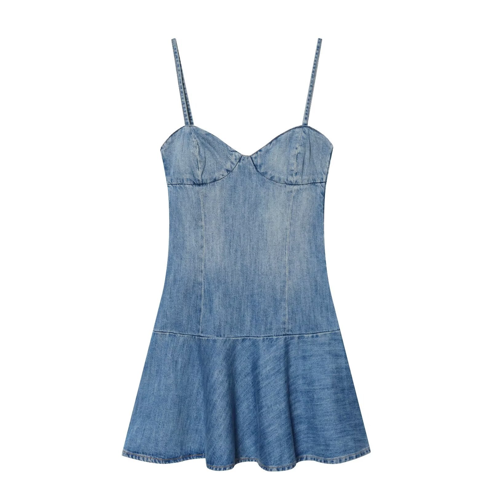 Hanger view of light blue denim dress showing the sweetheart neckline, structured cups, and flared hem