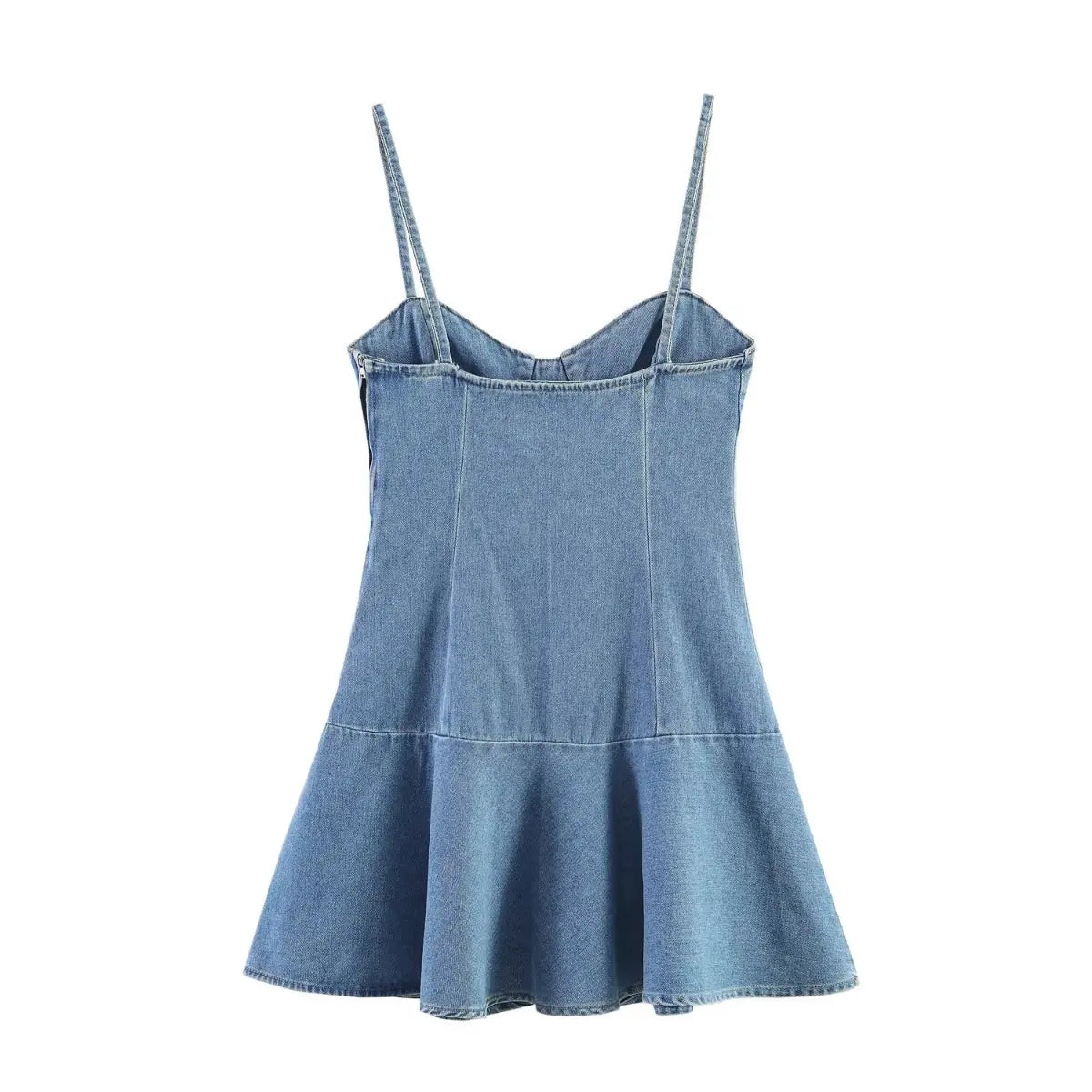 Back view of light blue denim cami dress with fitted silhouette and flared hem