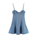Front view of light blue denim cami dress with sweetheart neckline and flared hem
