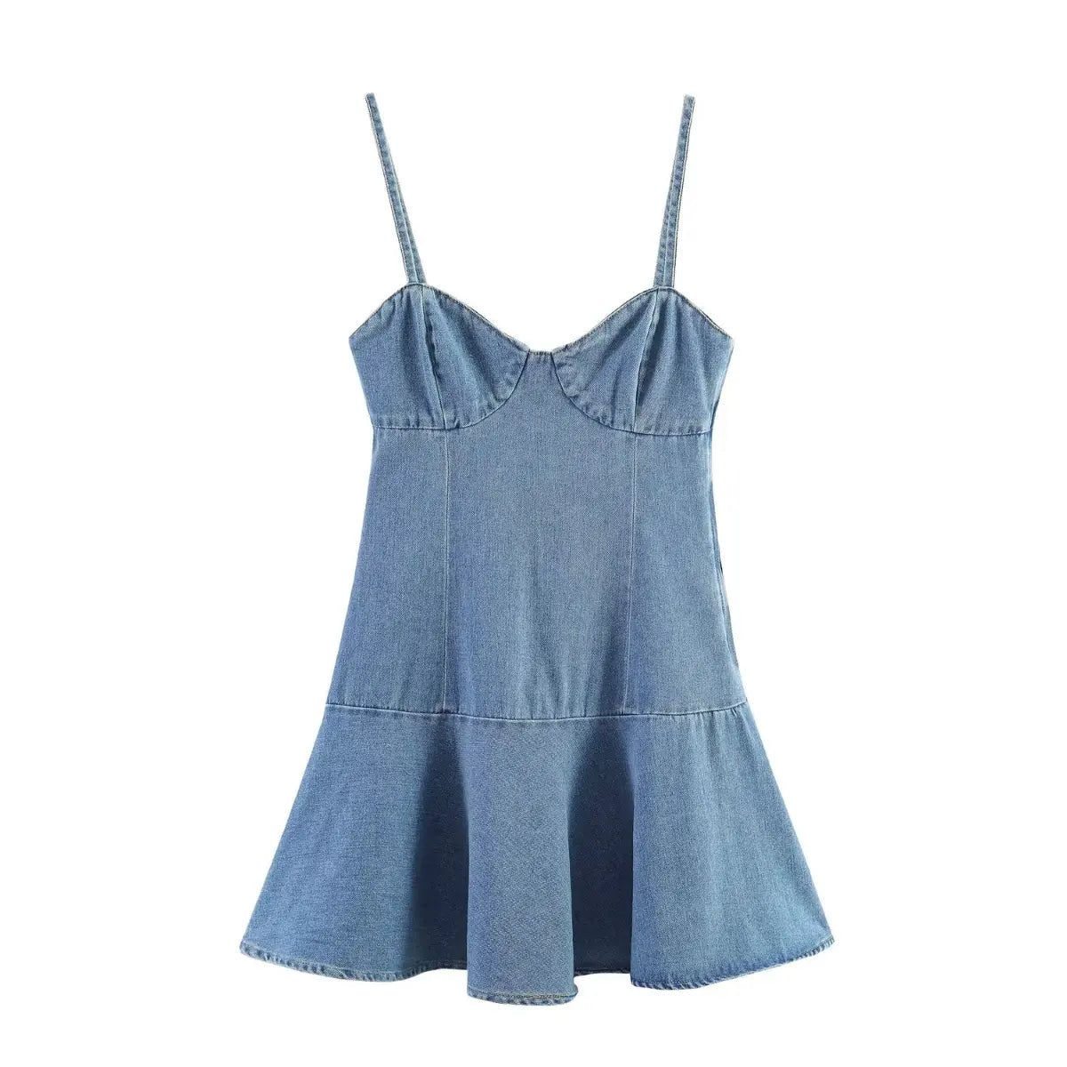 Front view of light blue denim cami dress with sweetheart neckline and flared hem