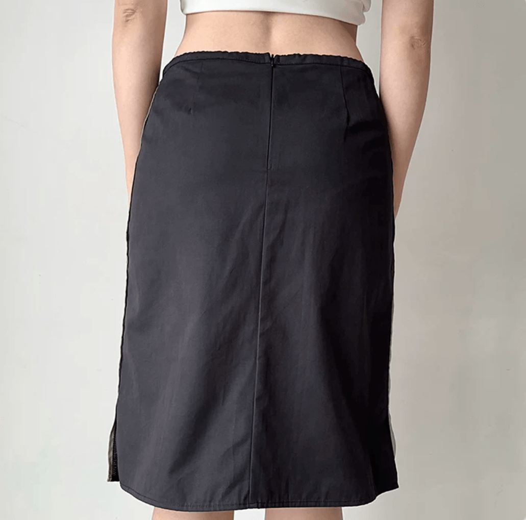 Back view black high waist midi pencil skirt, back zipper closure side slit striped detail slim straight casual skirt