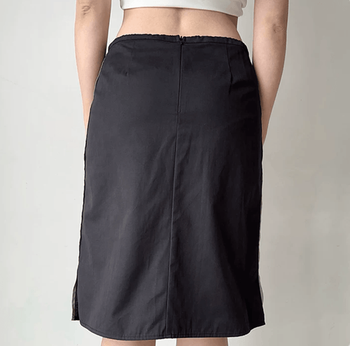 Back view black high waist midi pencil skirt, back zipper closure side slit striped detail slim straight casual skirt
