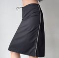 Women black drawstring waist side striped slit midi pencil skirt, high waist slim fit casual straight mid length skirt