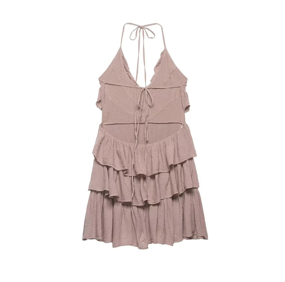 Back view of dusty pink halter-neck ruffled mini dress with tiered skirt and tie-back detail